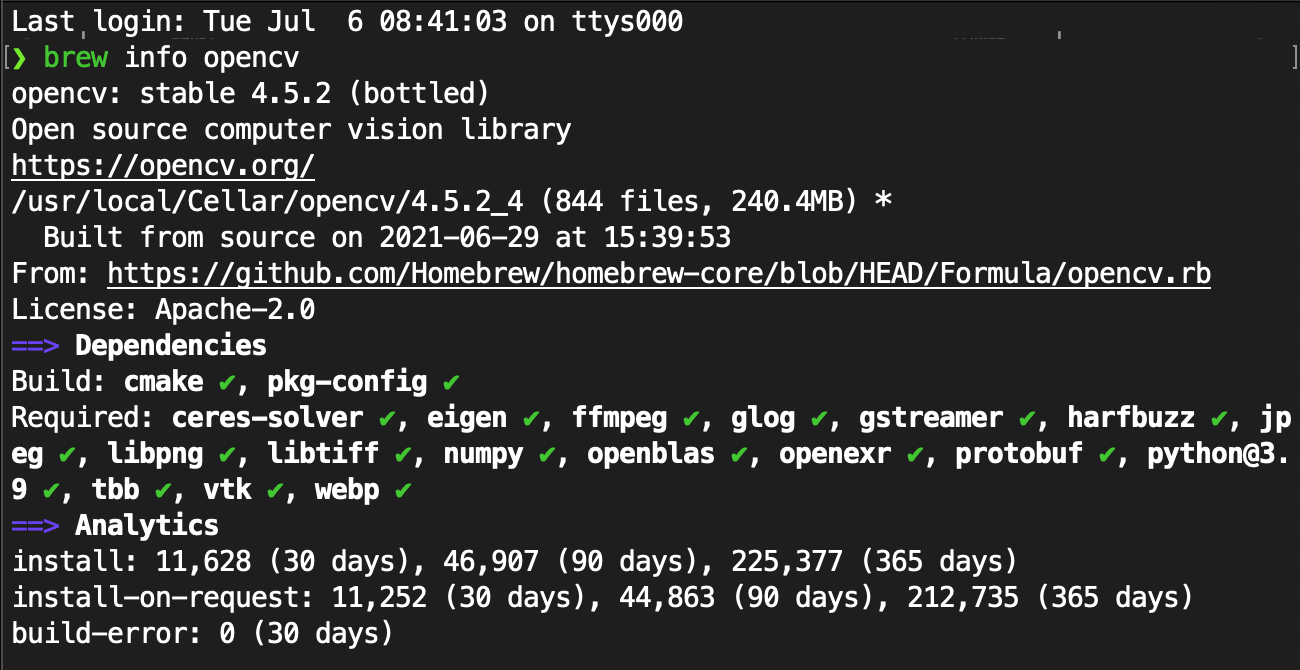 Brew info screen of opencv formula