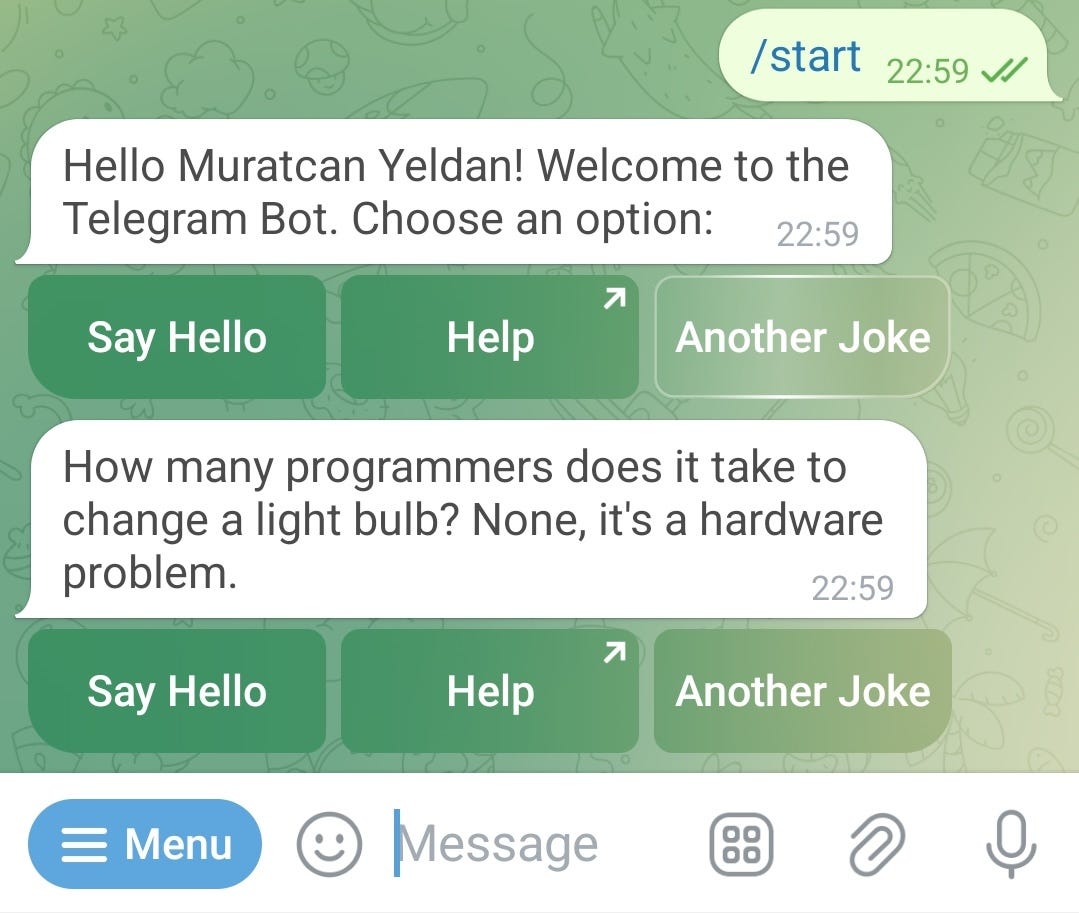Bot response after selecting 'Tell me a joke'