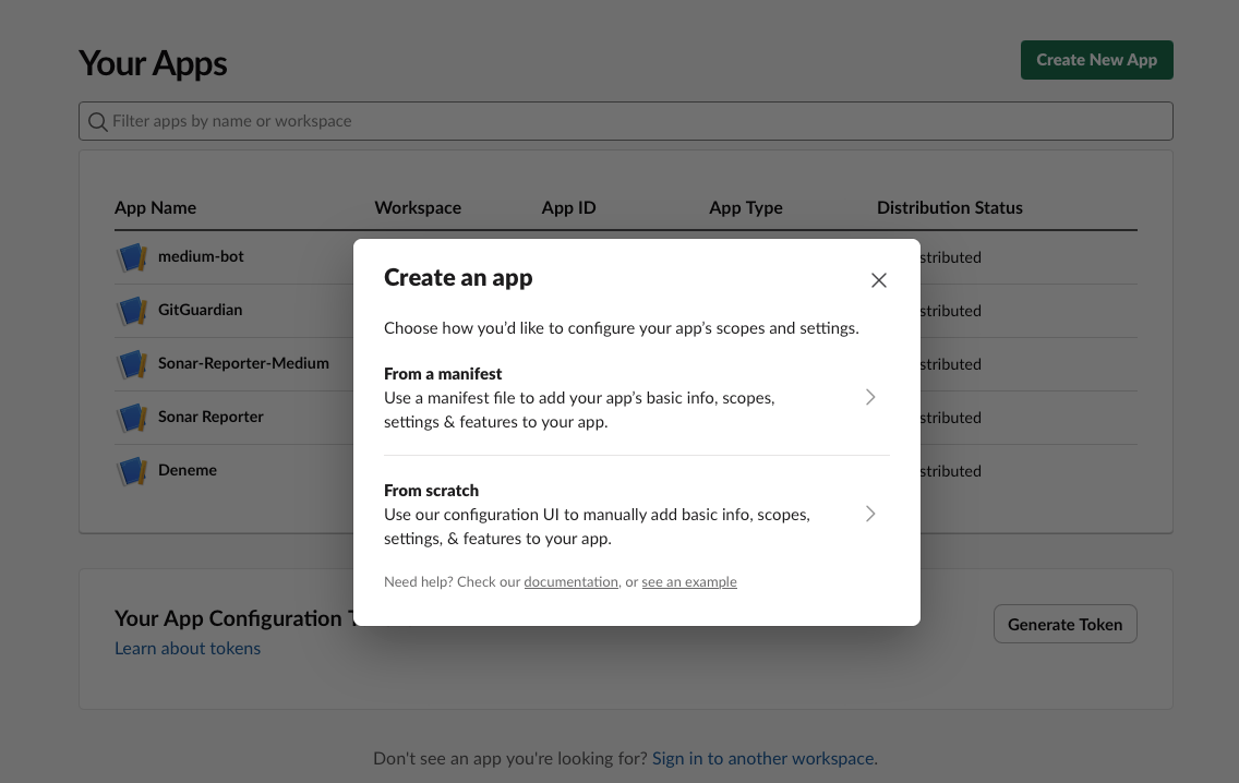 Create new app screen in Slack API
