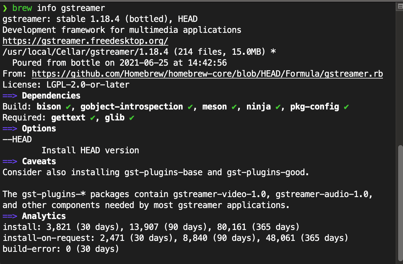 Brew info screen for gstreamer formula showing the installation path and other details