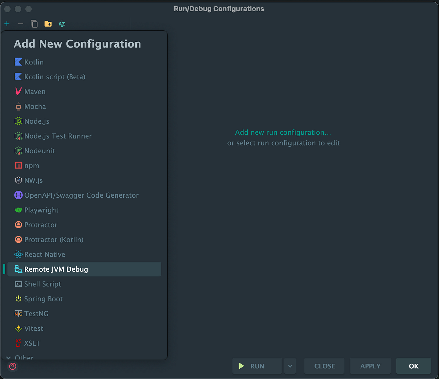 IntelliJ IDEA configuration menu