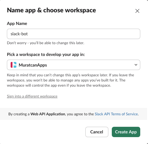 Name and workspace selection for Slack app