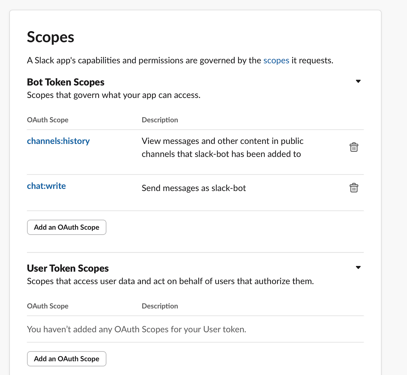 OAuth and Permissions screen showing scopes needed