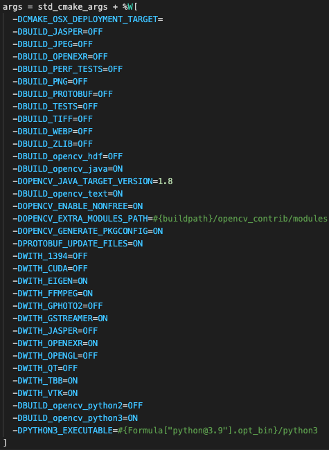 Options for opencv formula of Homebrew