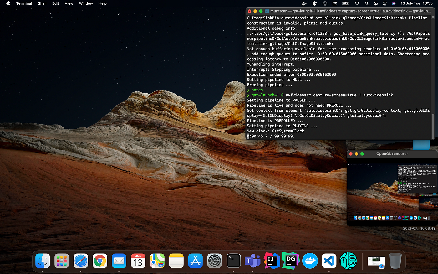 Live Stream of computer screen showing GStreamer capturing the desktop