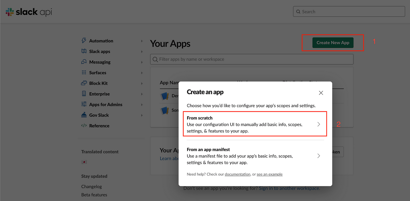 Create a new Slack app from the API section