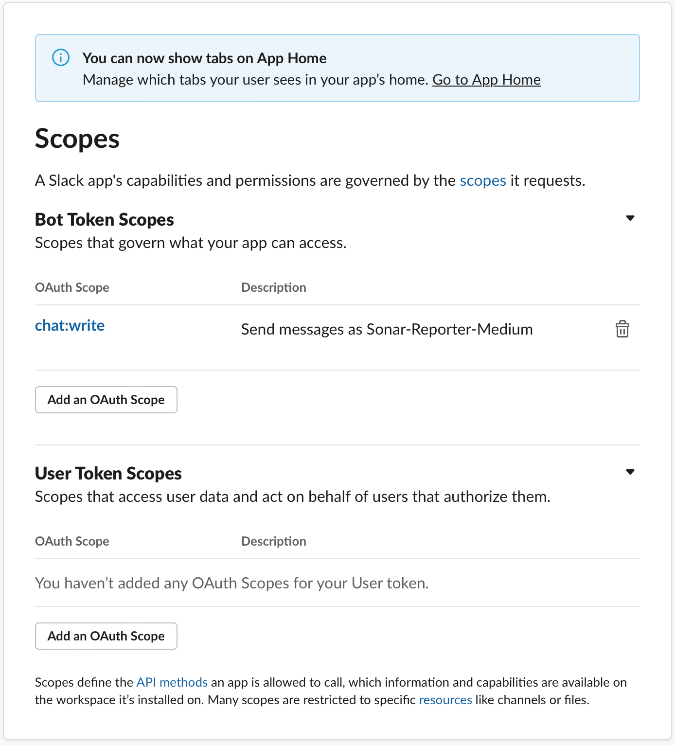 Adding chat:write permission to Bot Token Scopes