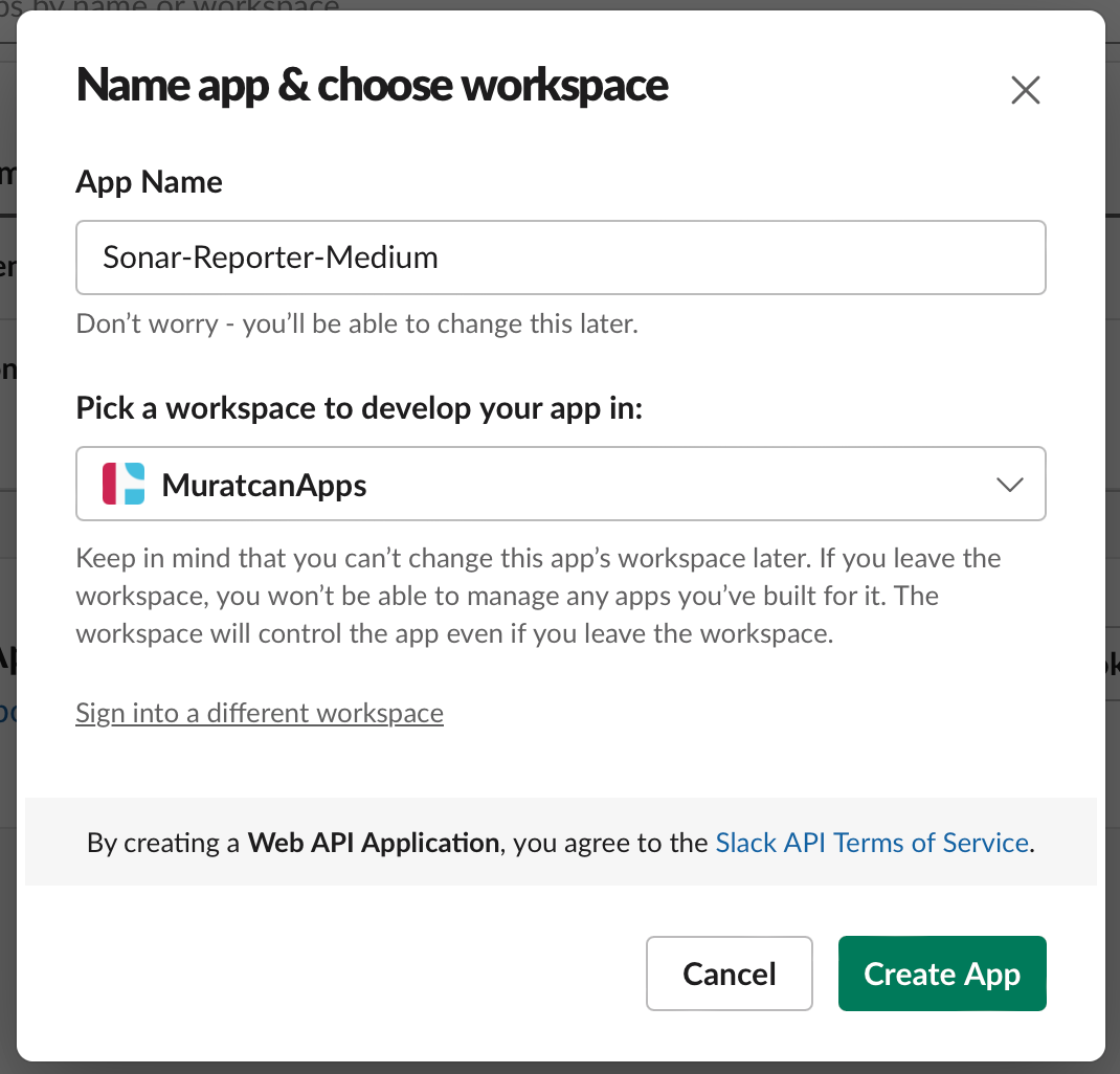 Configure your Slack app name and workspace