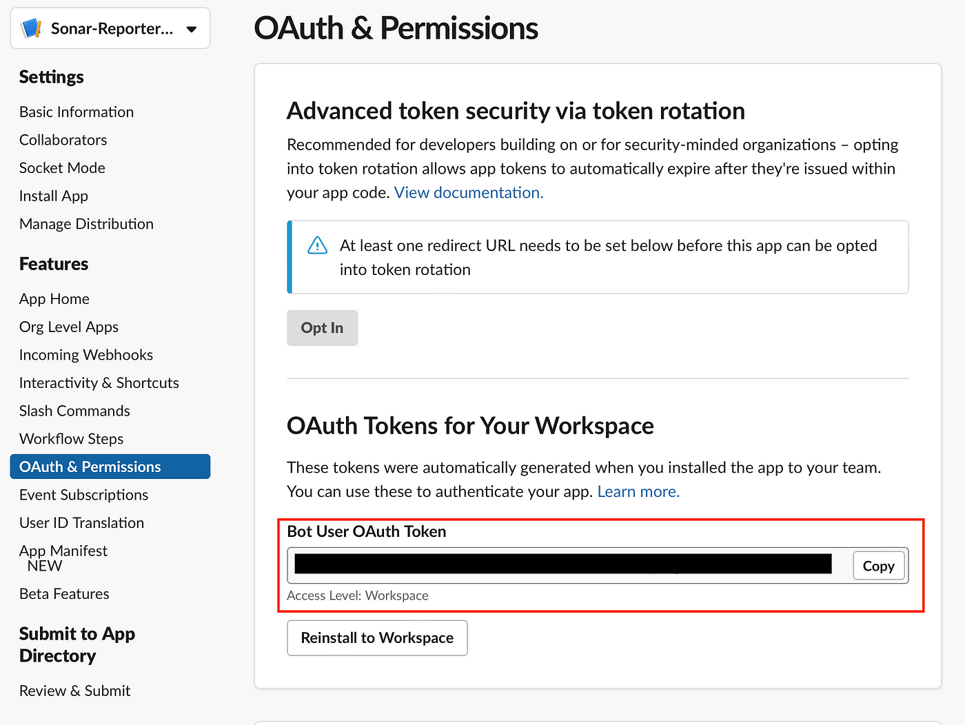 OAuth & Permissions tab showing Bot User OAuth Token