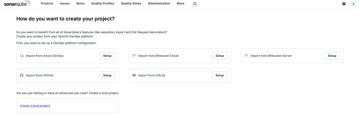 SonarQube dashboard after login, showing options to set up a DevOps platform